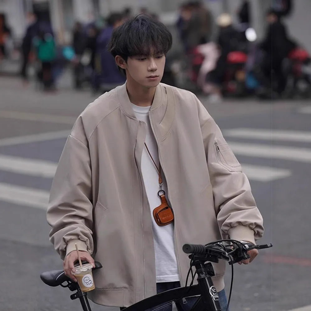 Men's loose pilot jacket in gray, black, and green, cotton blend with polyester lining, long sleeve straight hem Korean style