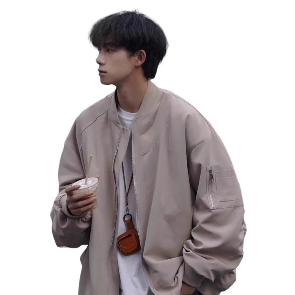 Men's loose pilot jacket in gray, black, and green, cotton blend with polyester lining, long sleeve straight hem Korean style