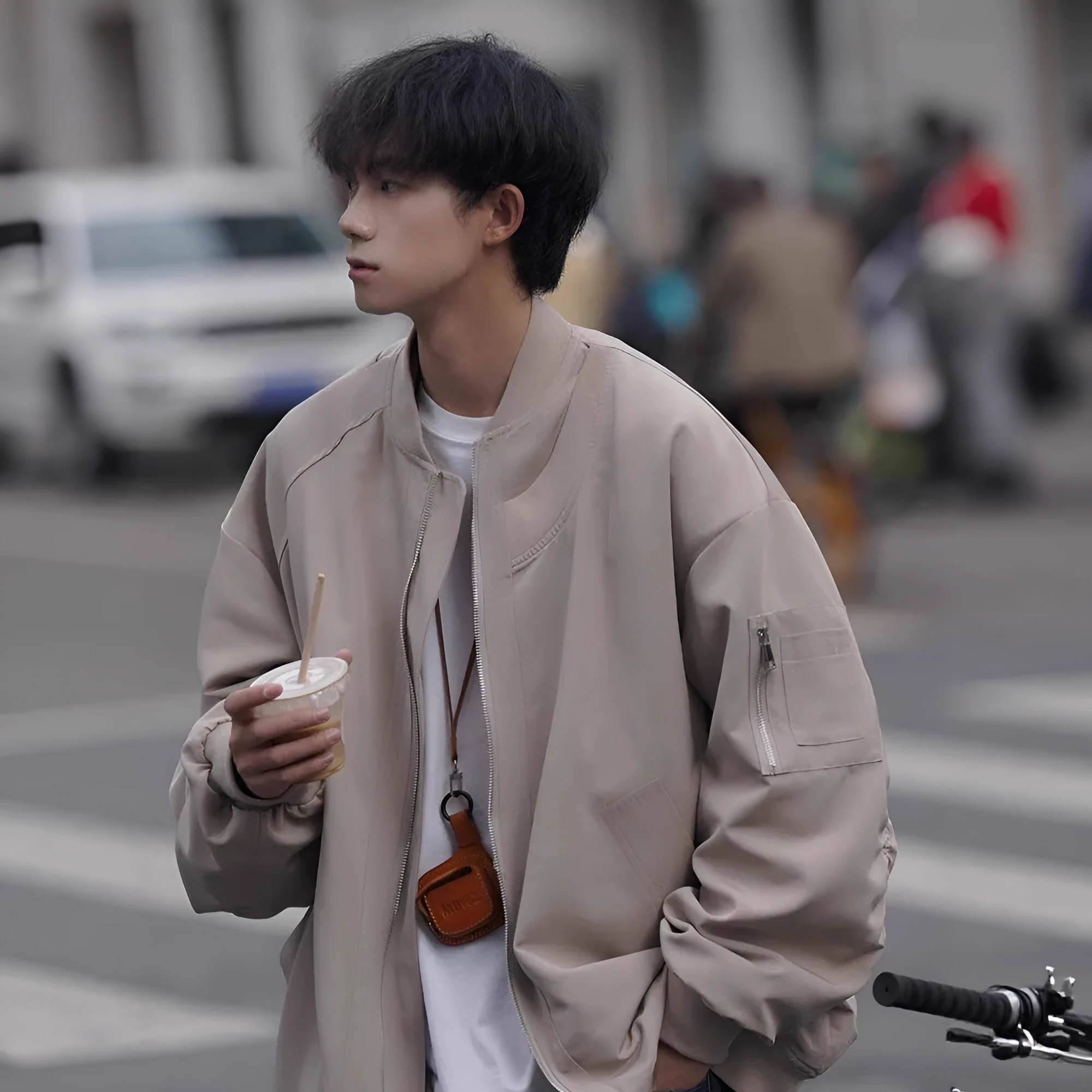 Men's loose pilot jacket in gray, black, and green, cotton blend with polyester lining, long sleeve straight hem Korean style