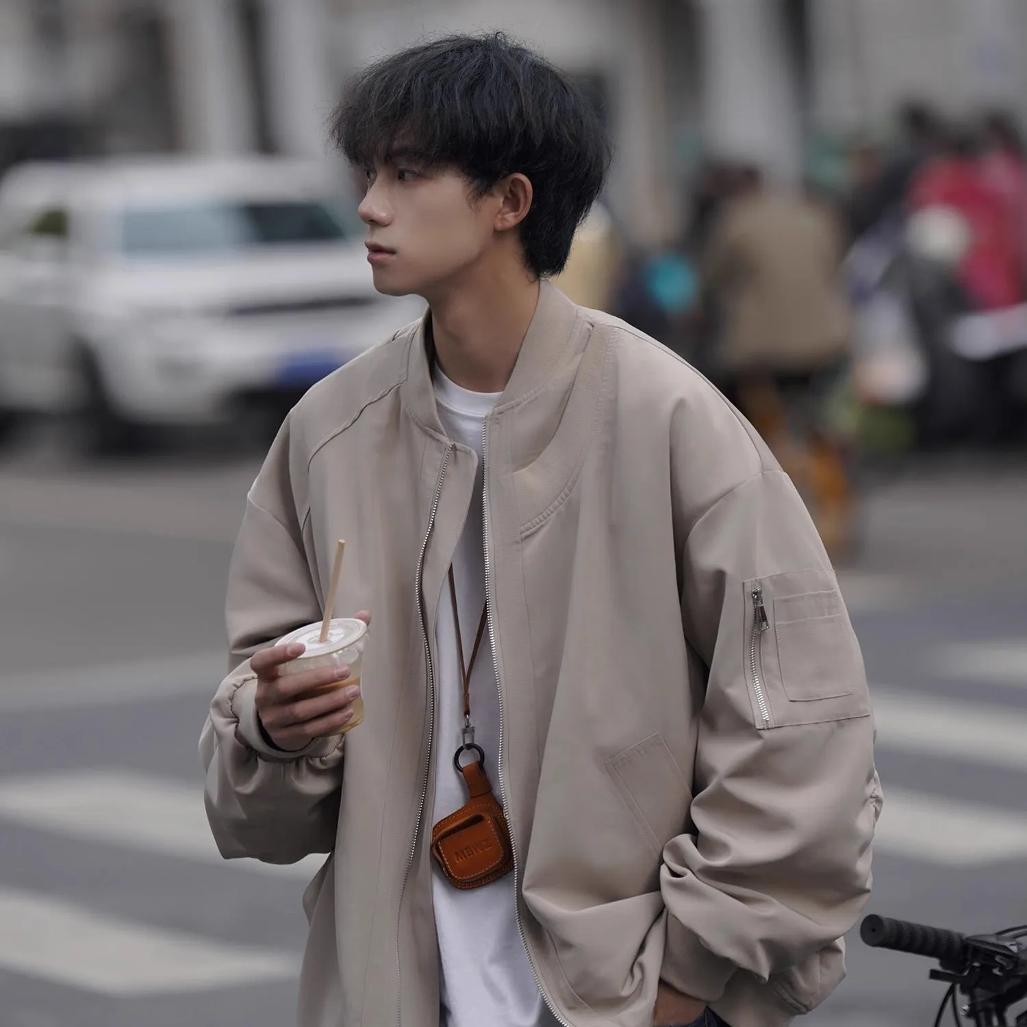 Men's loose pilot jacket in gray, black, and green, cotton blend with polyester lining, long sleeve straight hem Korean style