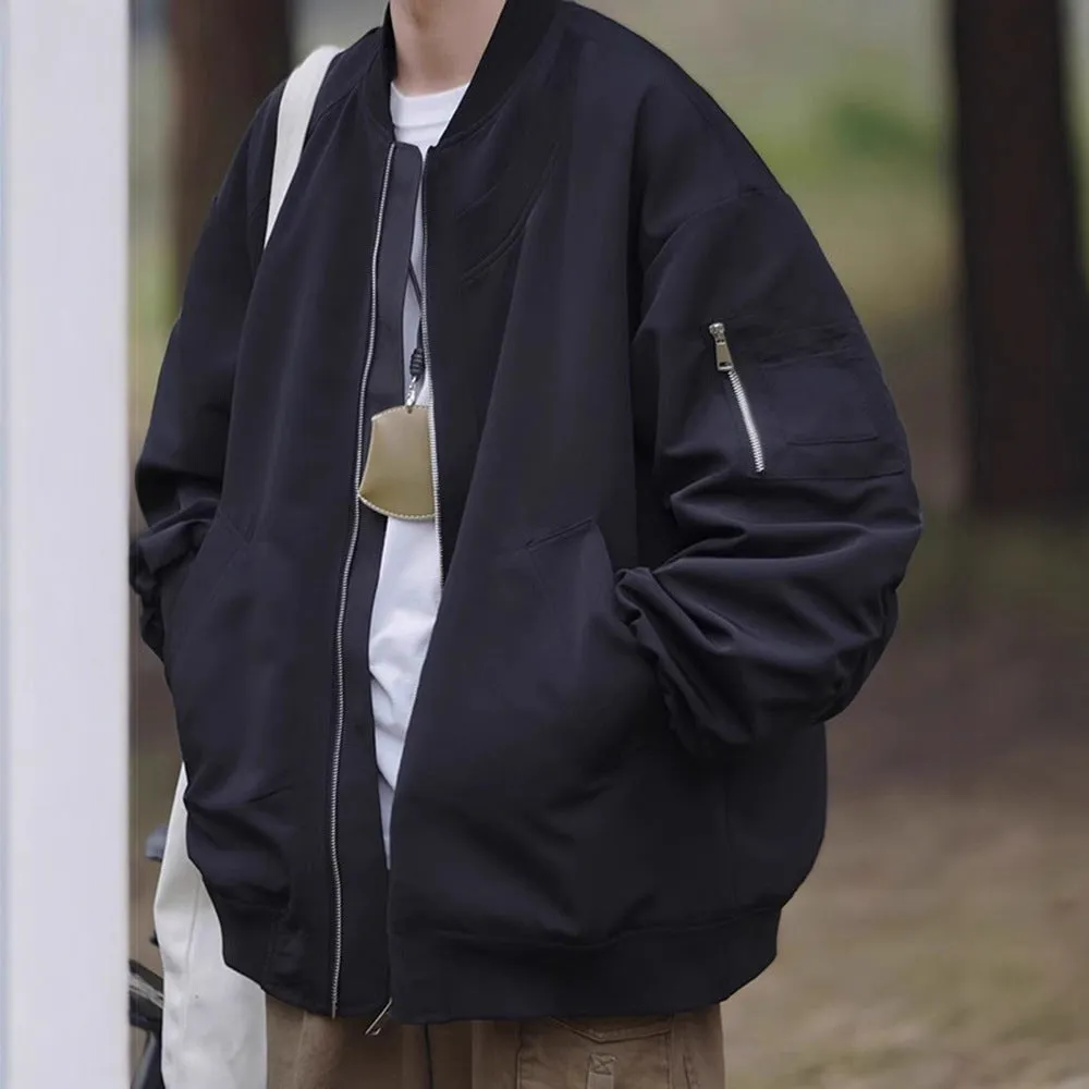 Men's loose pilot jacket in gray, black, and green, cotton blend with polyester lining, long sleeve straight hem Korean style