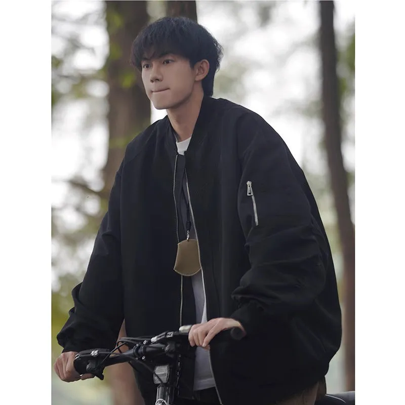 Men's loose pilot jacket in gray, black, and green, cotton blend with polyester lining, long sleeve straight hem Korean style