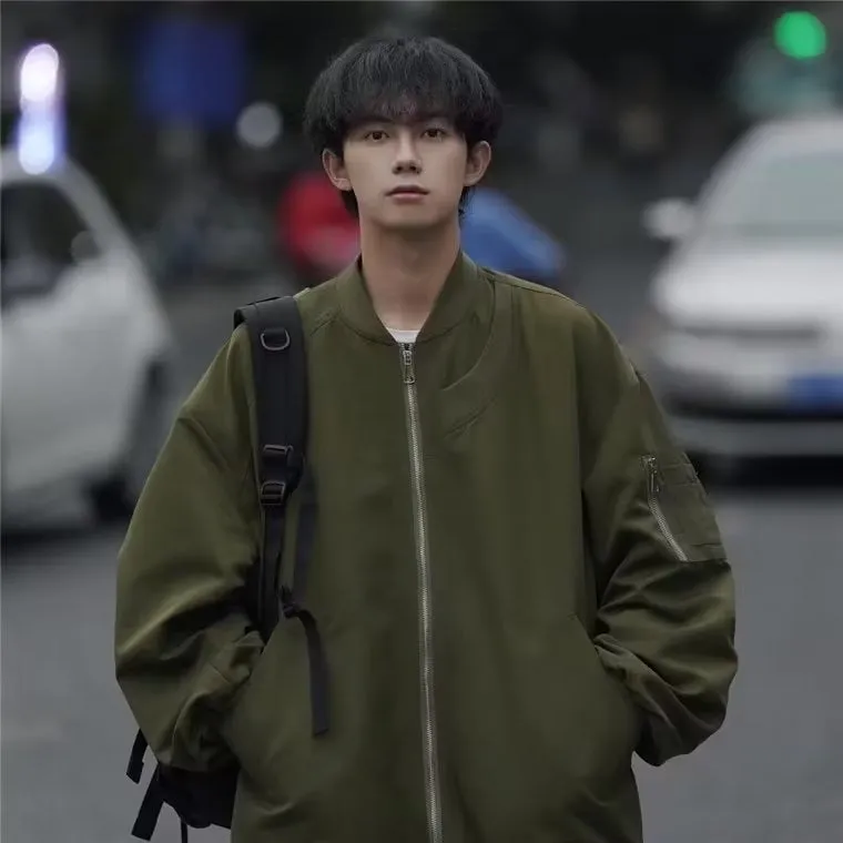 Men's loose pilot jacket in gray, black, and green, cotton blend with polyester lining, long sleeve straight hem Korean style