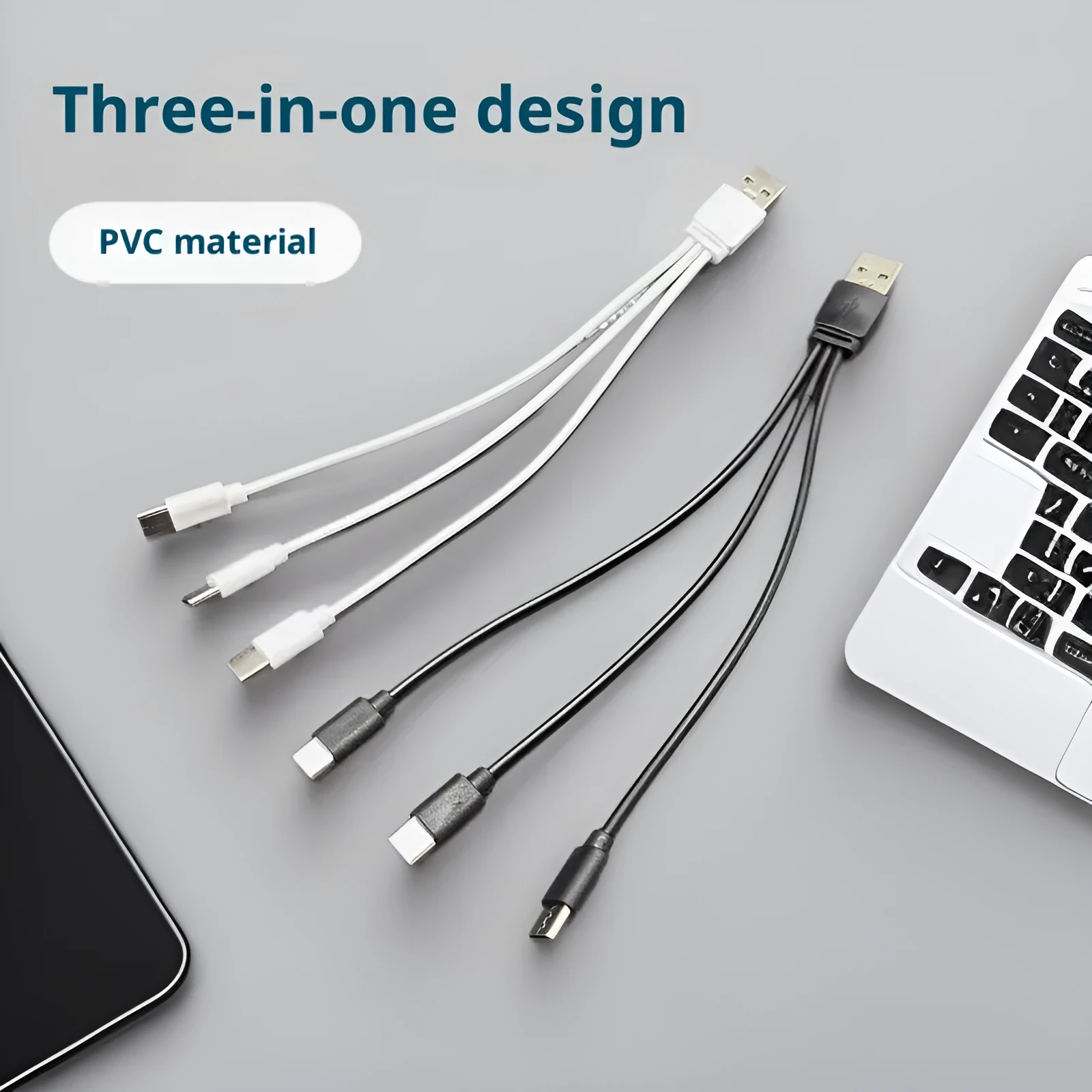 USB to three Type-C charging cable three-in-one design black PVC material