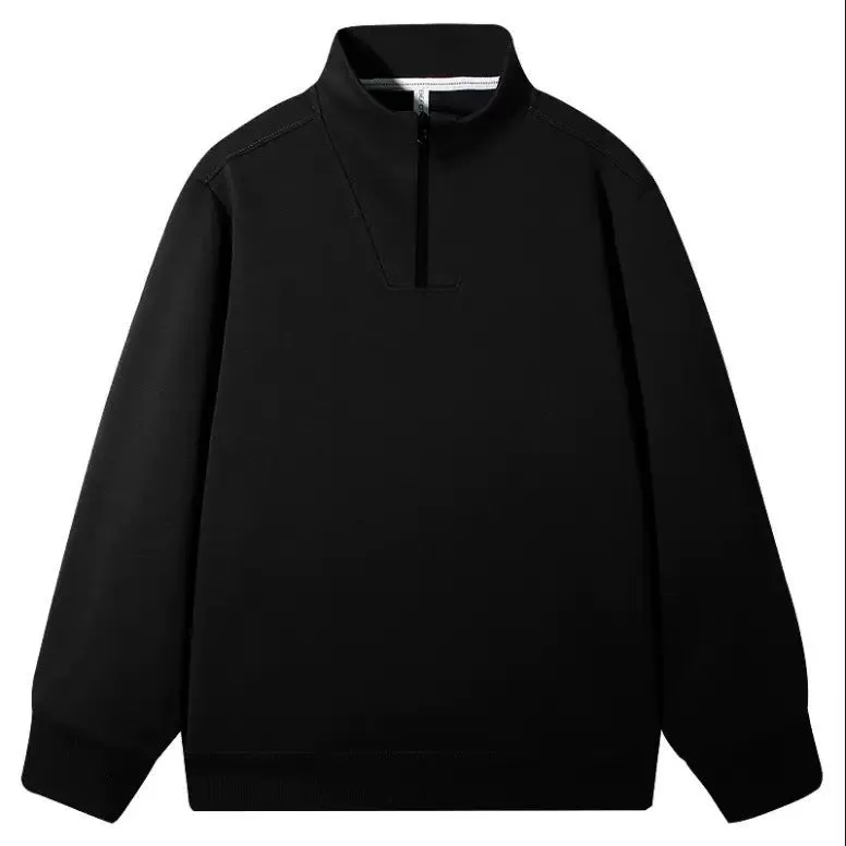 Men's loose fit polyester zip-up sweatshirt in black, front view, casual pullover style