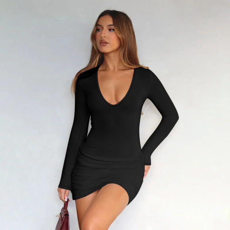 Long sleeve slim V-neck shirred dress in apricot, high-waist pencil skirt with pleats, front view