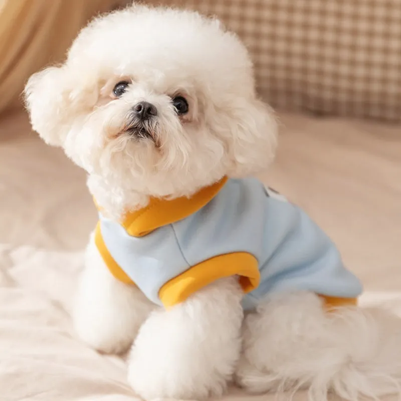 Autumn winter Korean dog hoodie with cute cartoon bear design for small medium pets, available in Blue and Yellow
