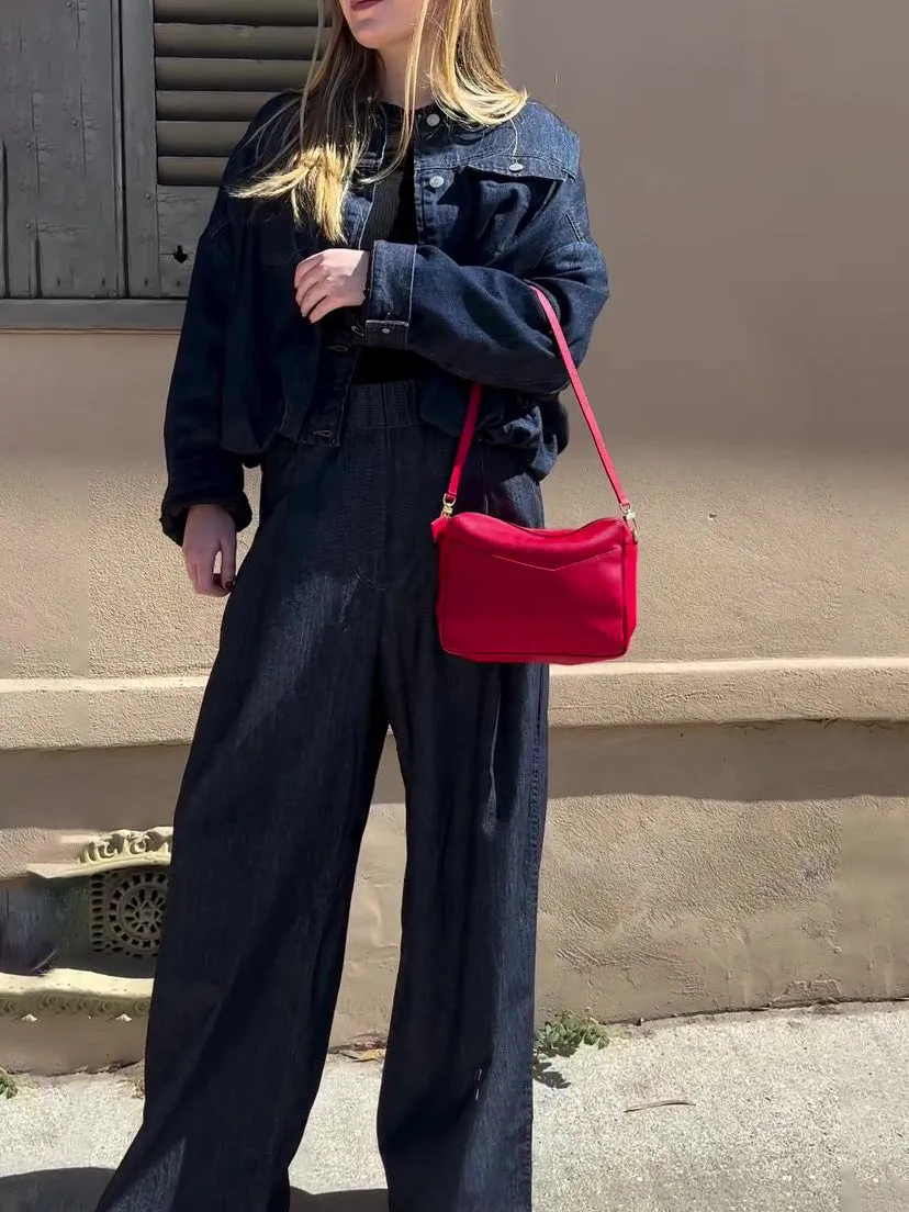Dark denim oversized jacket and wide-leg pant set in blue, regular fit, front view