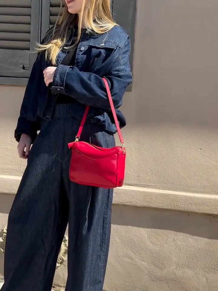 Dark denim oversized jacket and wide-leg pant set in blue, regular fit, front view