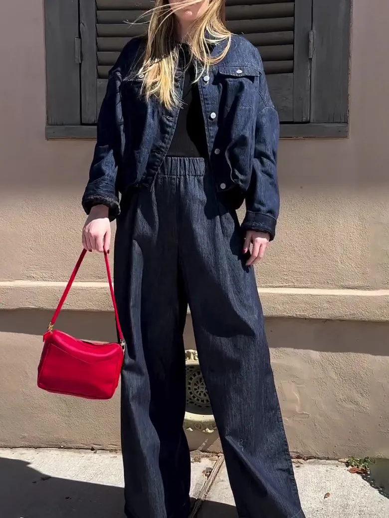 Dark denim oversized jacket and wide-leg pant set in blue, regular fit, front view