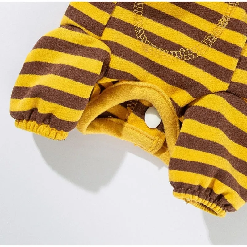 Dog pajama suit with yellowish-brown bee pattern on stripes, four-legged design, and lapel collar for small pets