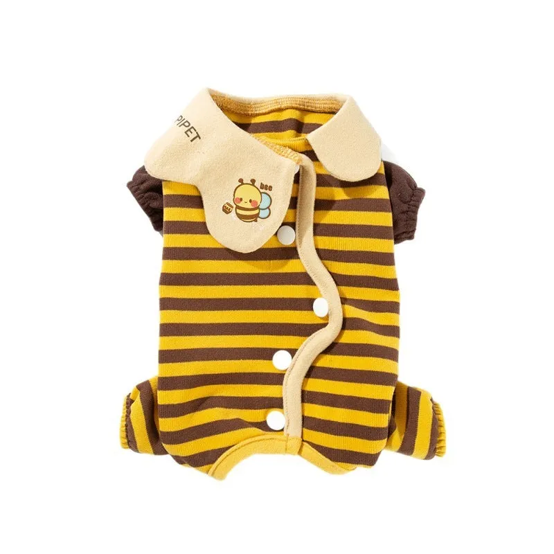 Dog pajama suit with yellowish-brown bee pattern on stripes, four-legged design, and lapel collar for small pets