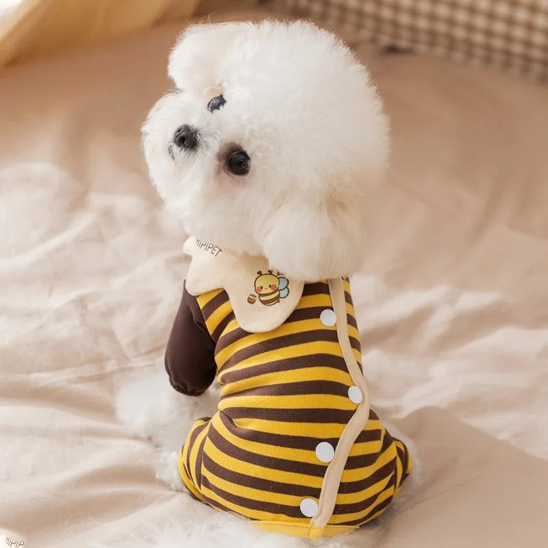 Dog pajama suit with yellowish-brown bee pattern on stripes, four-legged design, and lapel collar for small pets