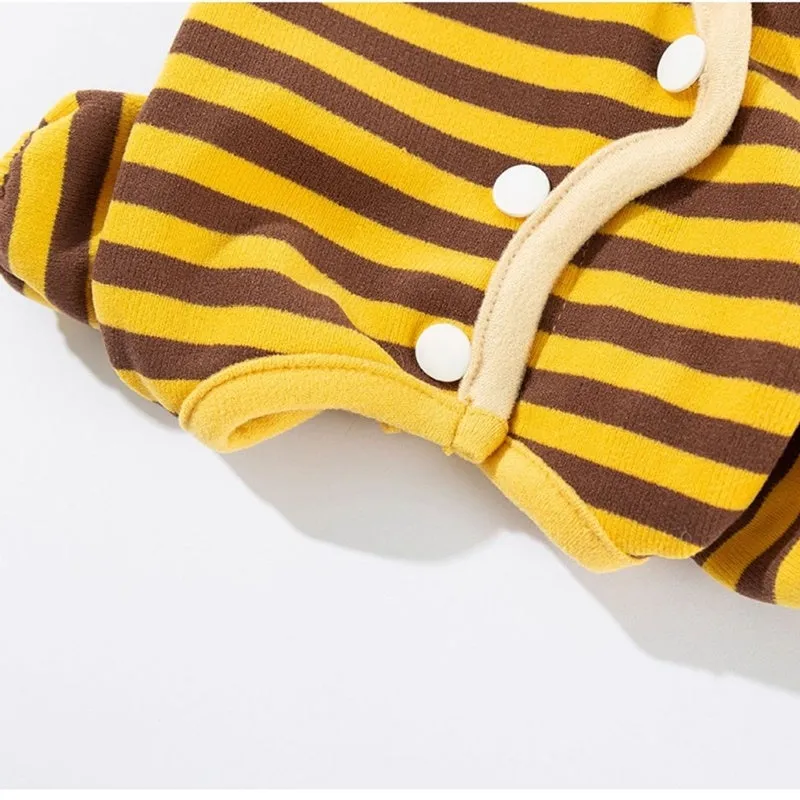 Dog pajama suit with yellowish-brown bee pattern on stripes, four-legged design, and lapel collar for small pets