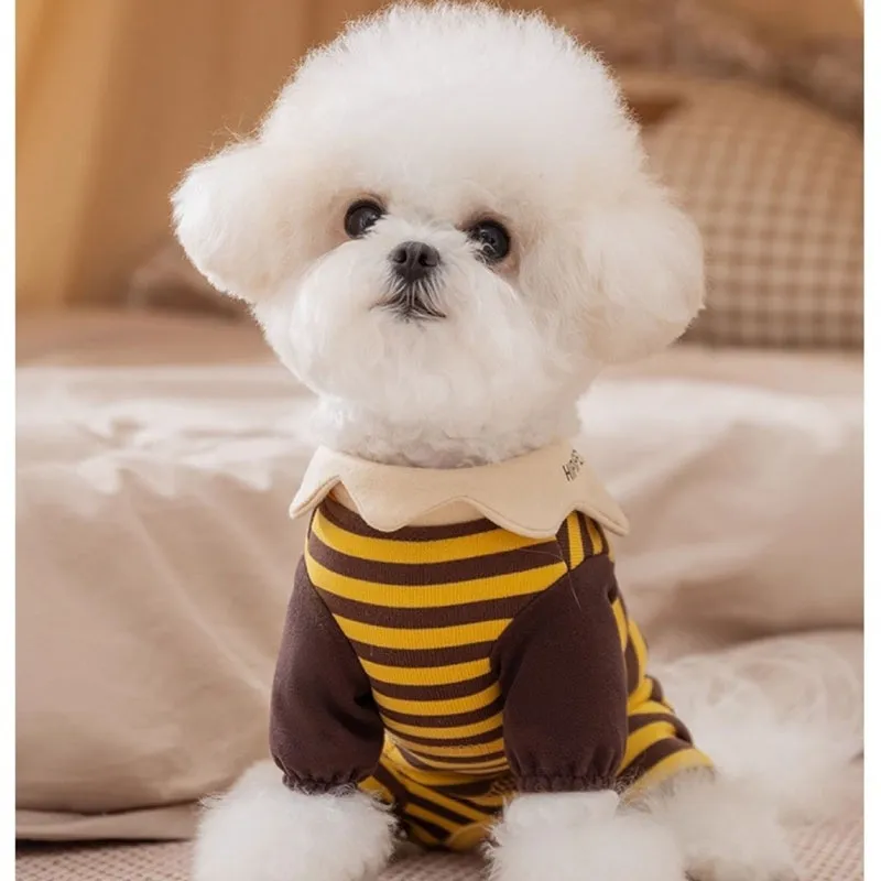 Dog pajama suit with yellowish-brown bee pattern on stripes, four-legged design, and lapel collar for small pets