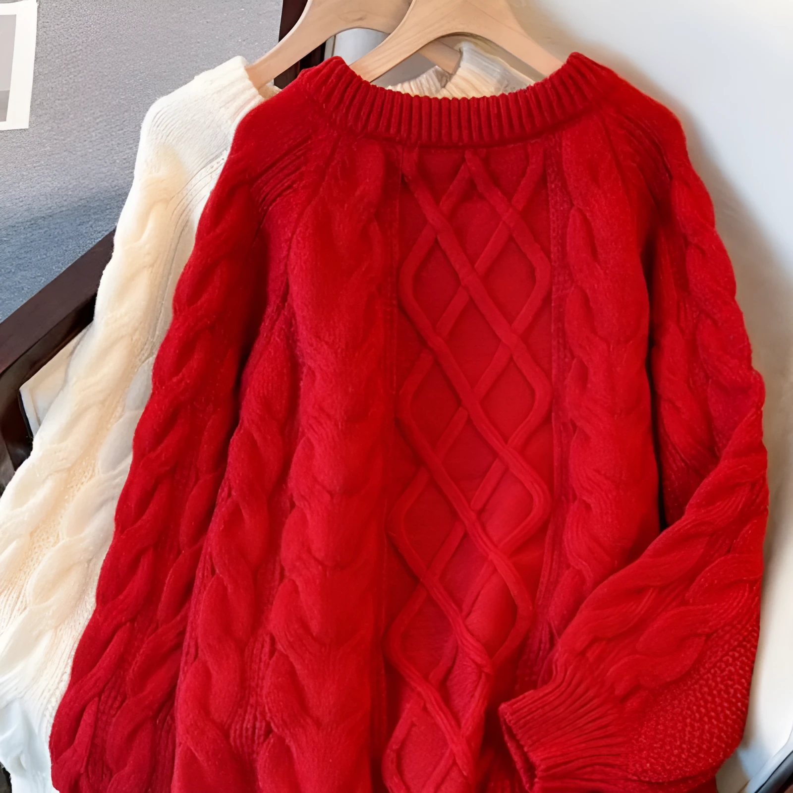Women's Japanese loose casual knit sweater in solid beige colour, front view