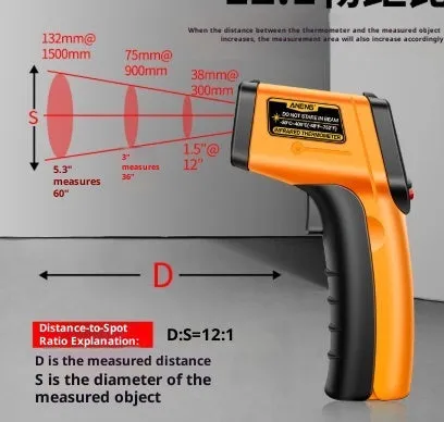 High precision infrared thermometer for industrial use, black colour, with trigger and display
