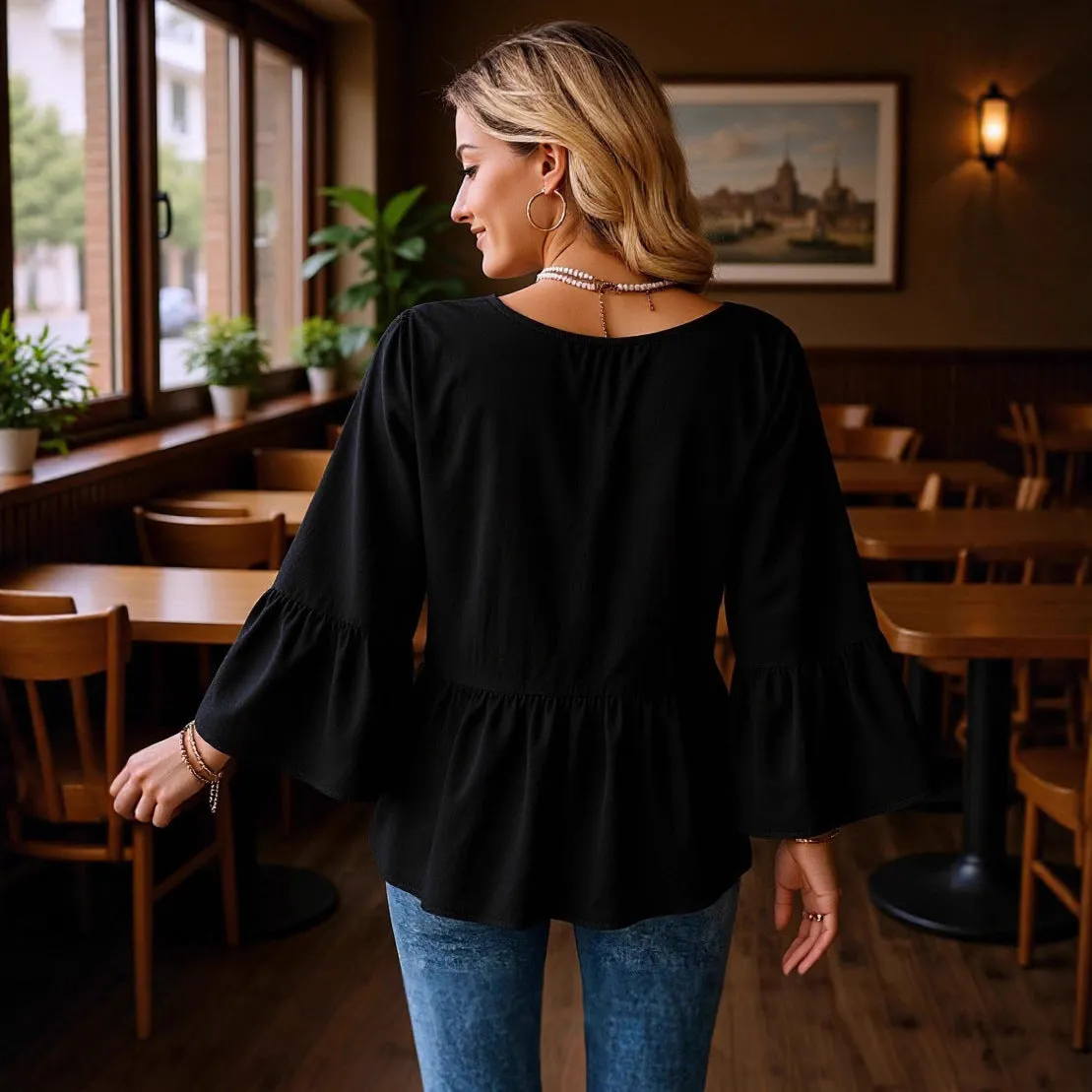 Women's solid colour black casual shirt with seven-point flared sleeves and pleating detail