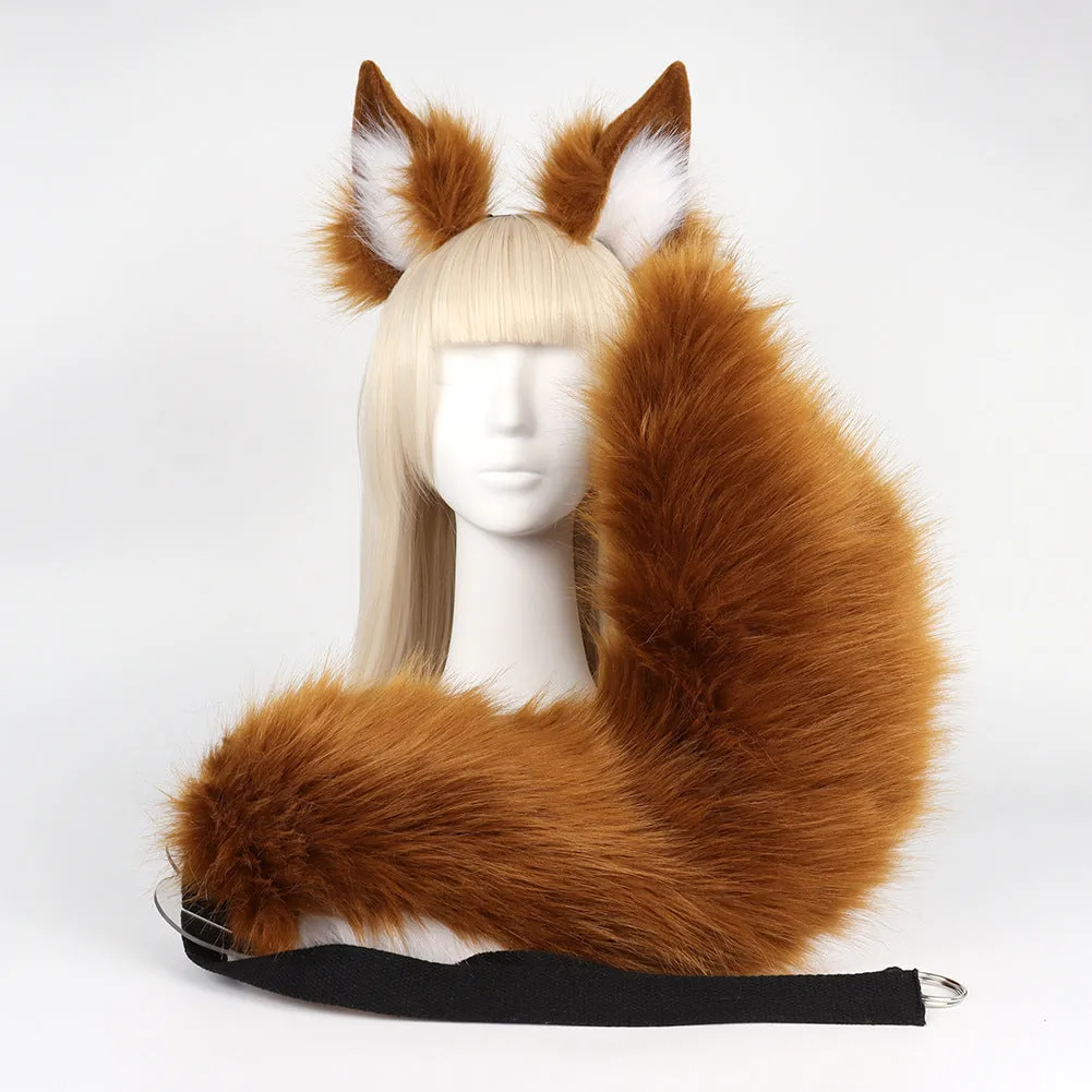 Plush fox ears and tail set in brown with matching plush fabric