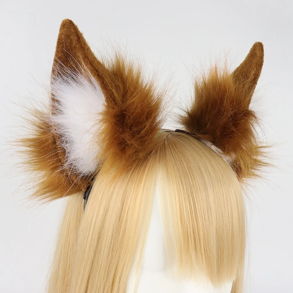 Plush fox ears and tail set in brown with matching plush fabric