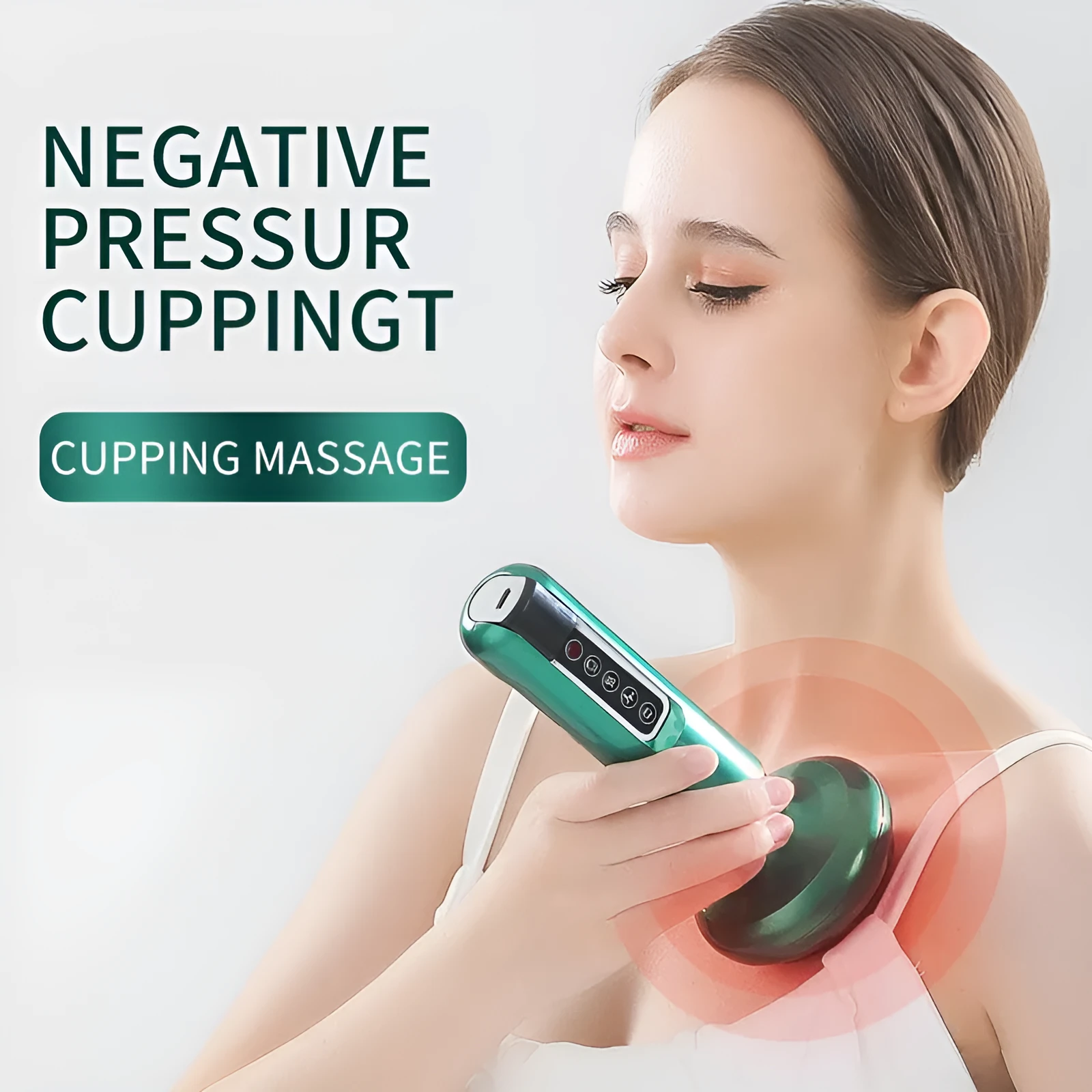 Electric vacuum cupping massager with green body and suction cups for anti-cellulite and gua sha massage