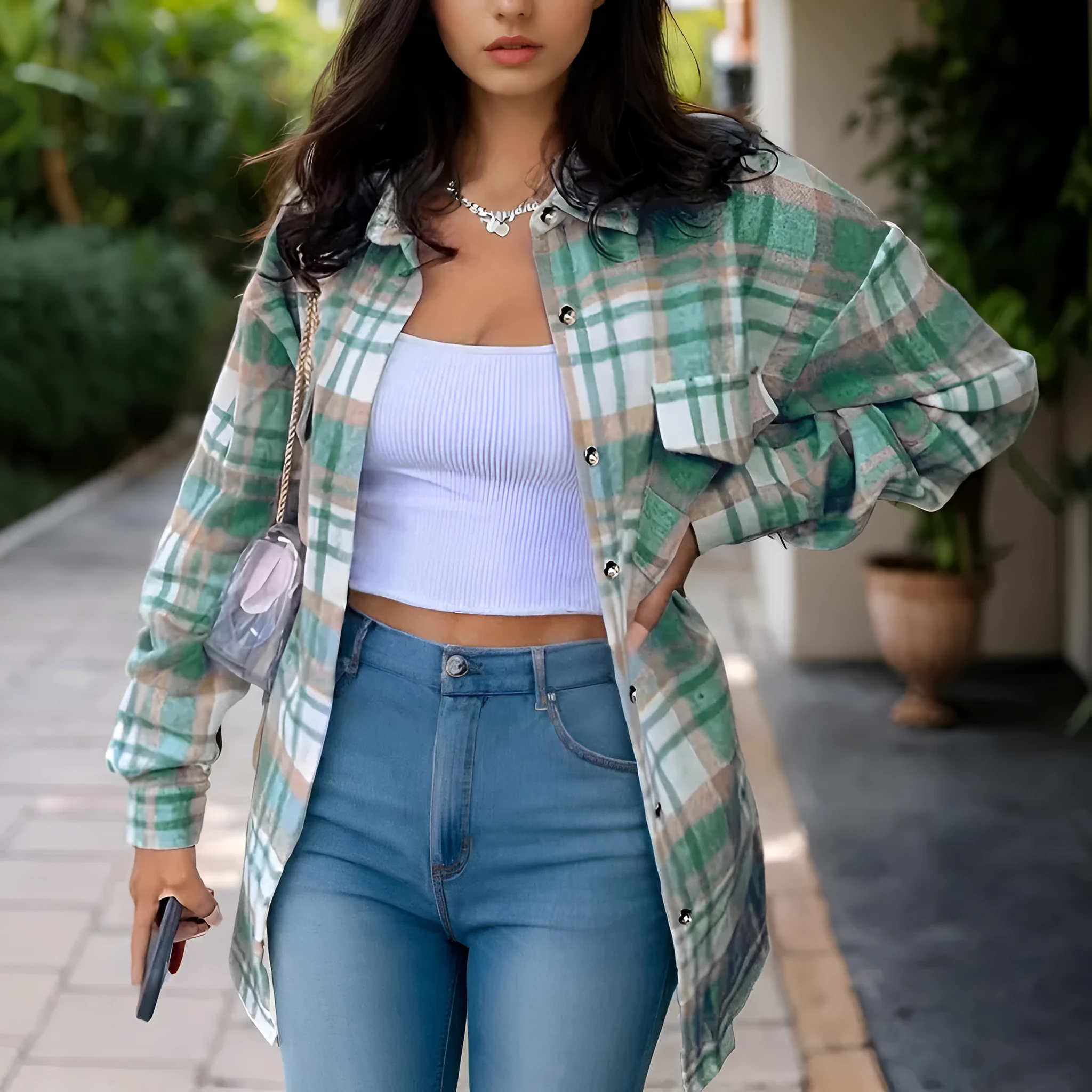 Women's lapel plaid long sleeve shirt jacket in blue, cardigan style, polyester fabric