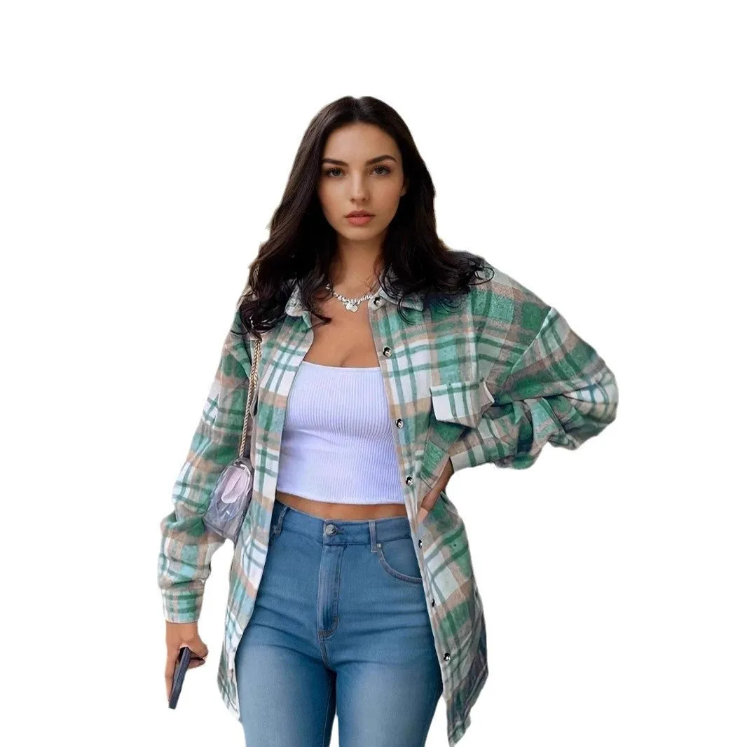 Women's lapel plaid long sleeve shirt jacket in blue, cardigan style, polyester fabric