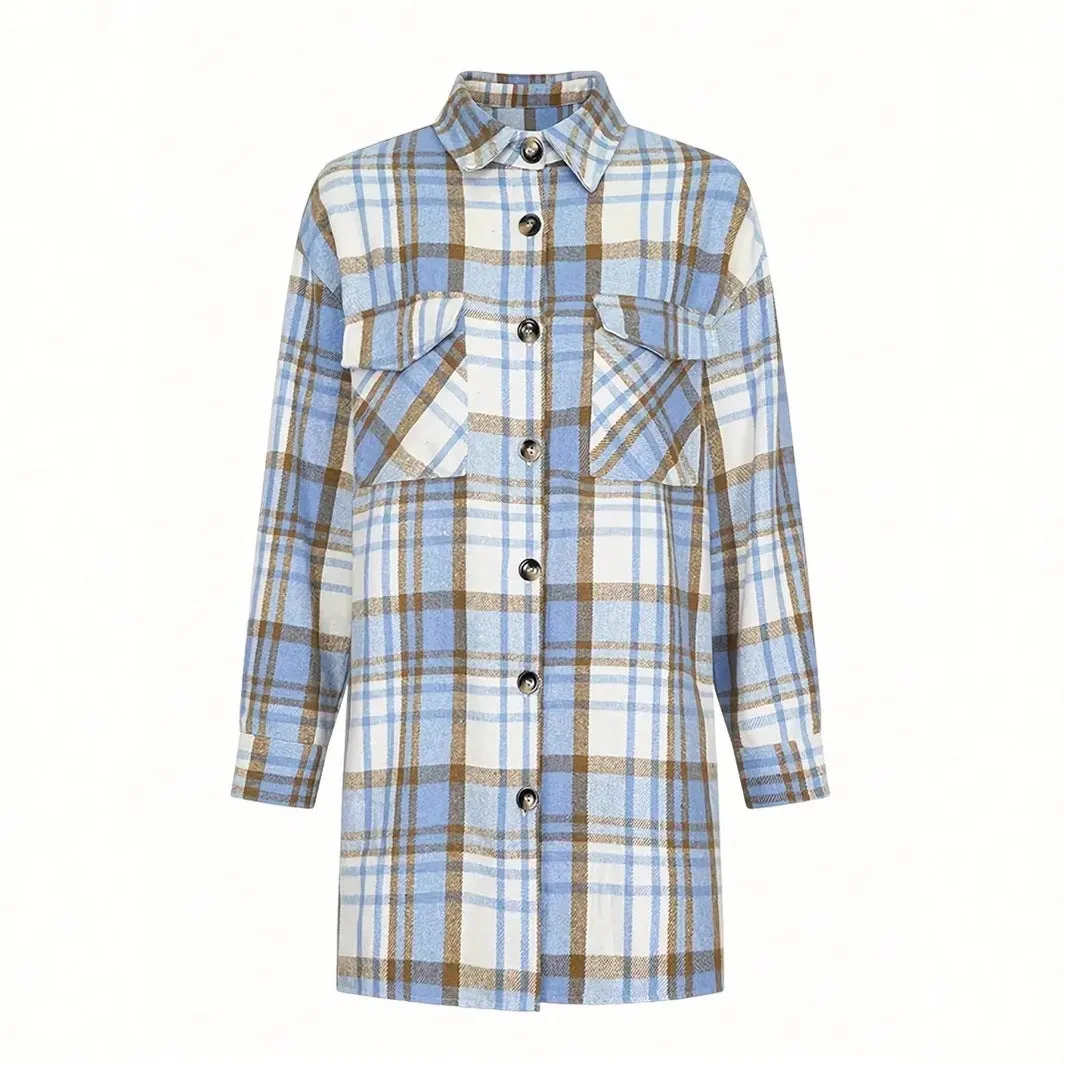 Women's lapel plaid long sleeve shirt jacket in blue, cardigan style, polyester fabric