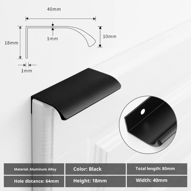 Aluminium alloy no-drill hidden cabinet handle in black finish, 200mm length, flush fit on a cabinet door