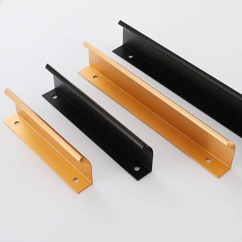 Aluminium alloy no-drill hidden cabinet handle in black finish, 200mm length, flush fit on a cabinet door