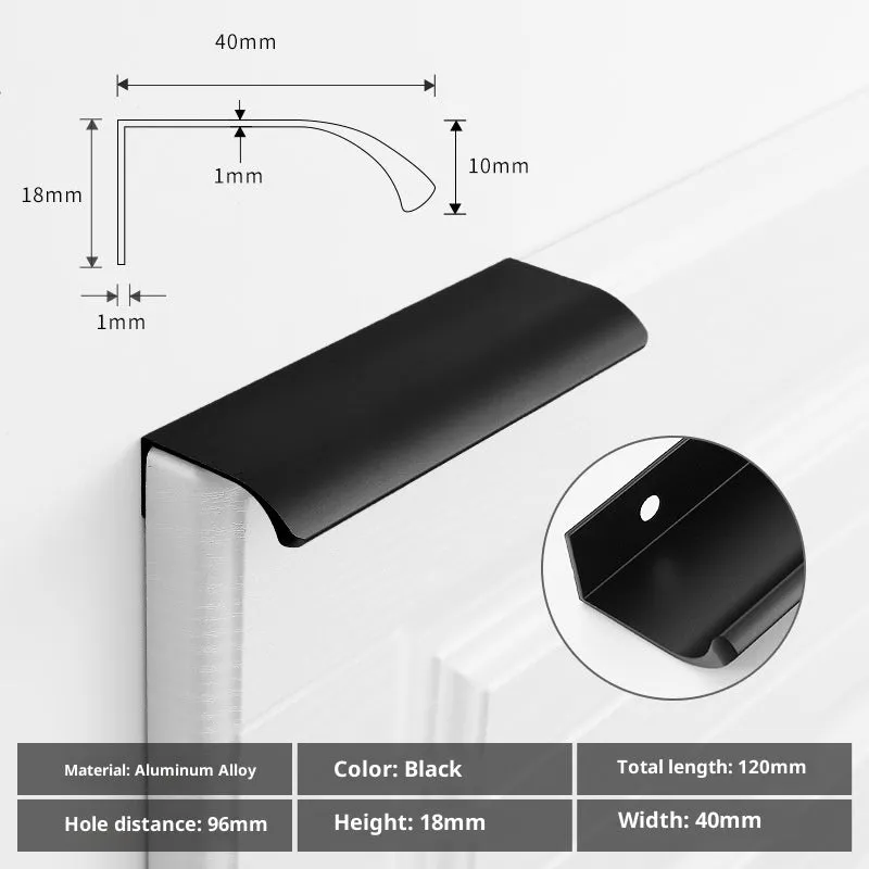 Aluminium alloy no-drill hidden cabinet handle in black finish, 200mm length, flush fit on a cabinet door