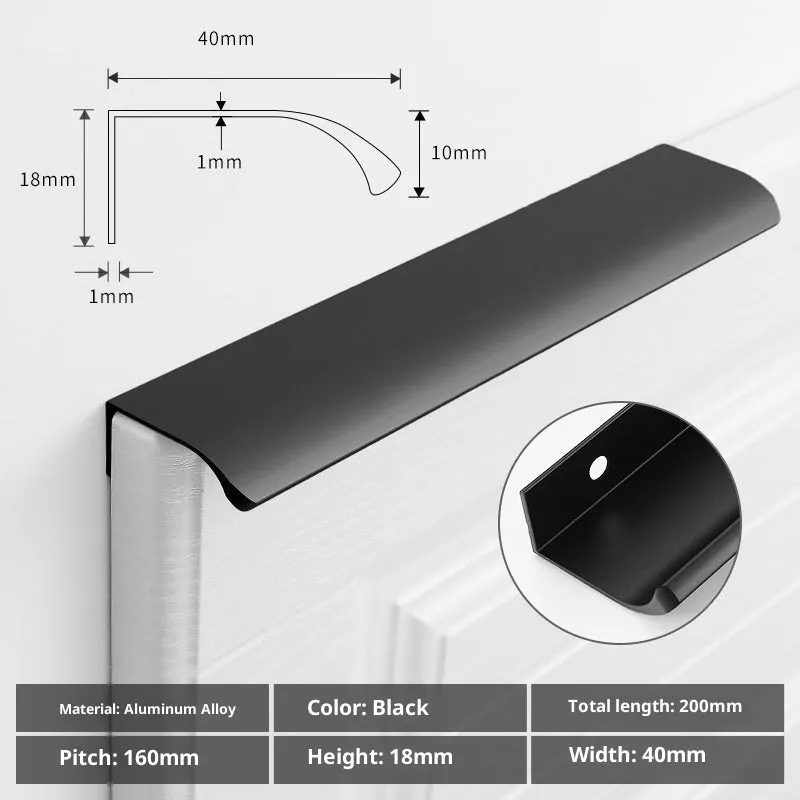 Aluminium alloy no-drill hidden cabinet handle in black finish, 200mm length, flush fit on a cabinet door