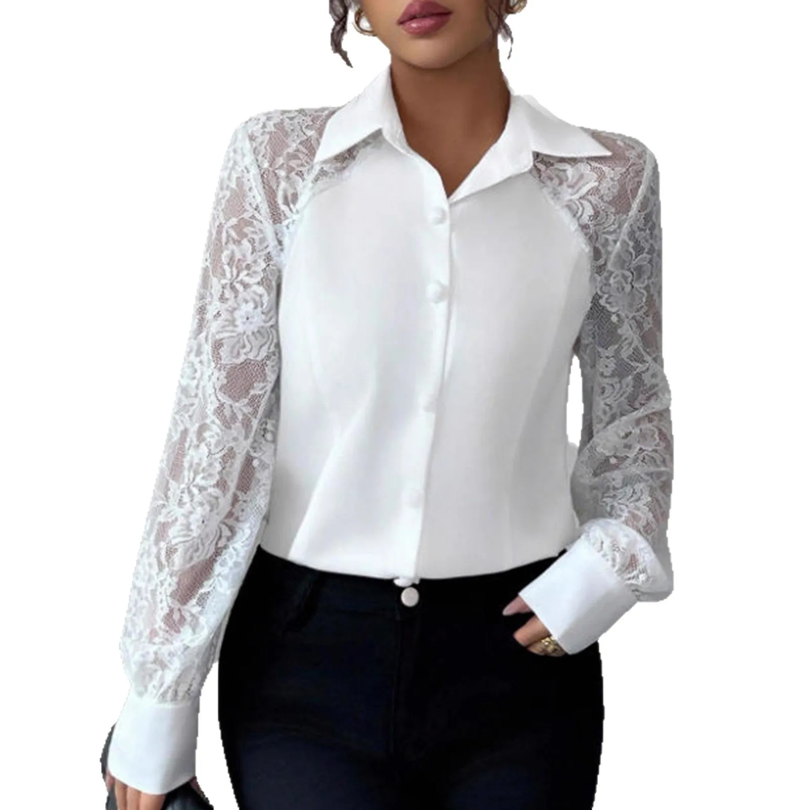 Women's white lace hollow out long sleeve button shirt with polyester fabric casual top