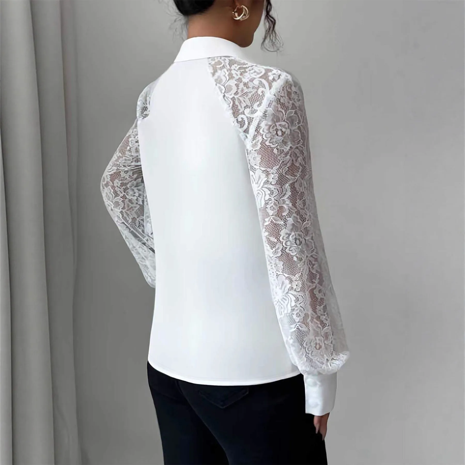 Women's white lace hollow out long sleeve button shirt with polyester fabric casual top