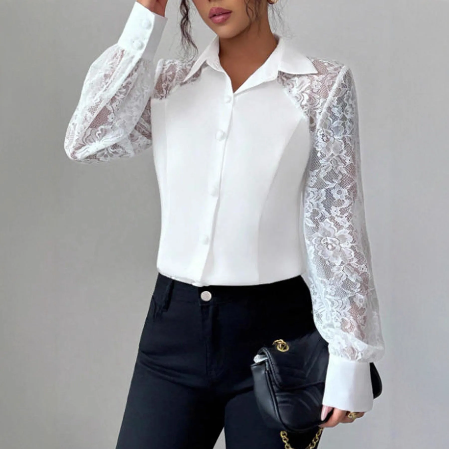 Women's white lace hollow out long sleeve button shirt with polyester fabric casual top