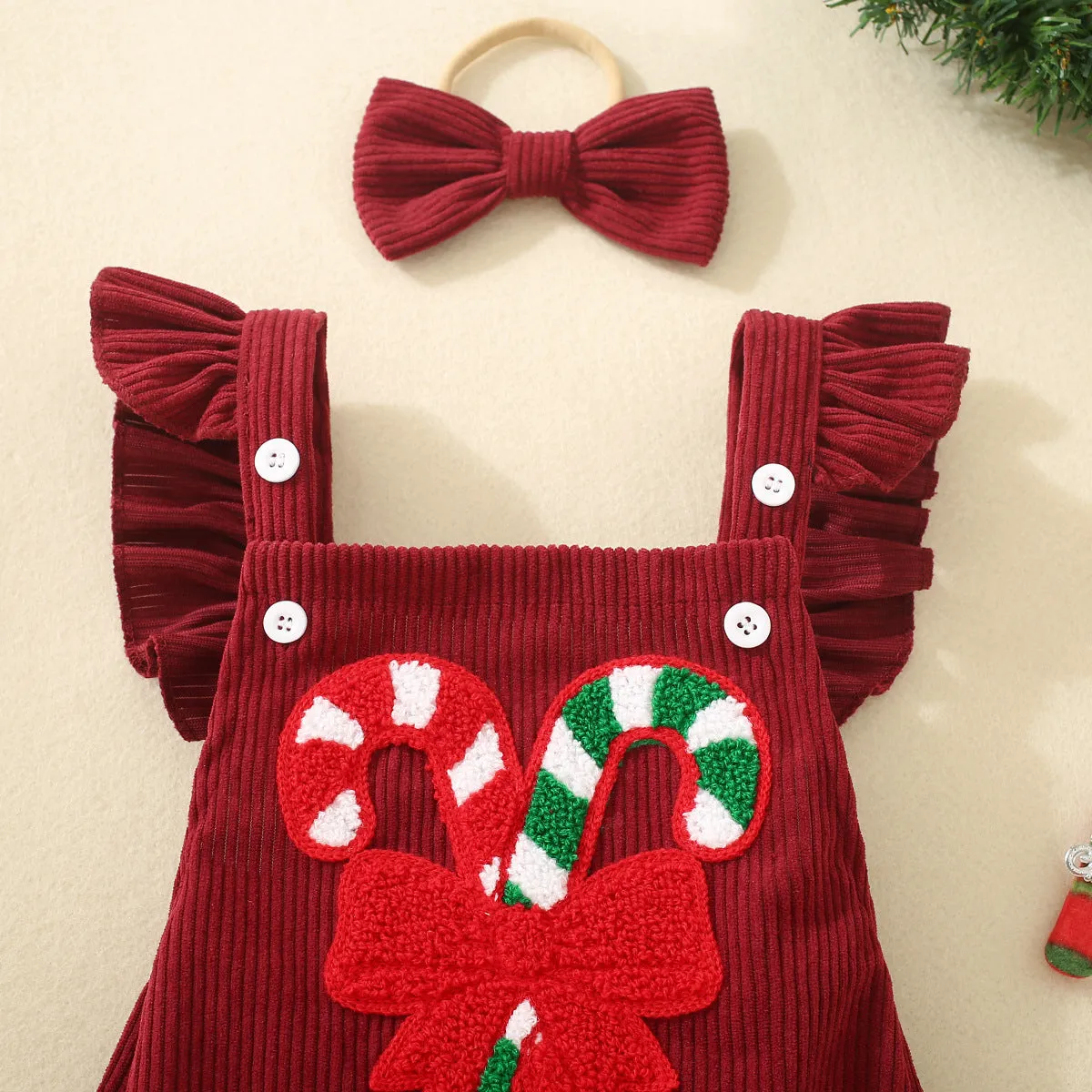 Infant and toddler red Christmas embroidered winged triangle romper in cotton, sleeveless, suitable for 70cm to 100cm height