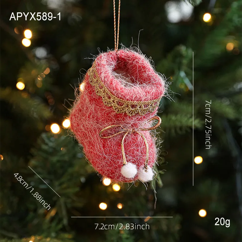 Plush fabric Christmas tree ornament shaped like a red boot with soft finish