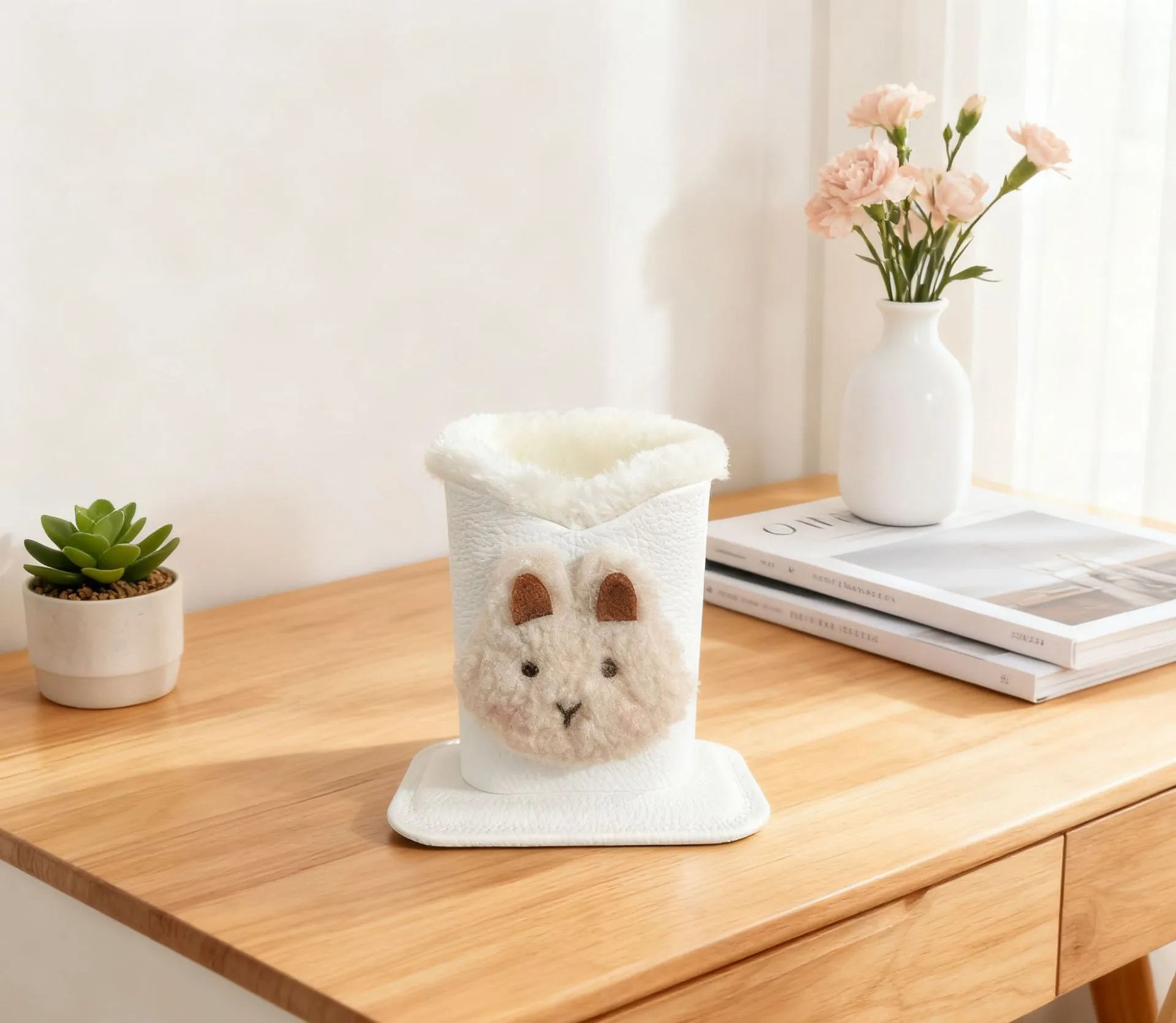 Nordic fluffy leather desktop glasses storage bucket 11.6x8.1x12cm cartoon animal