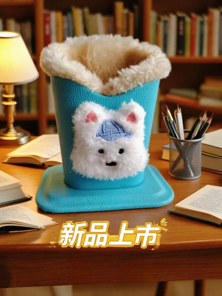 Nordic fluffy leather desktop glasses storage bucket 11.6x8.1x12cm cartoon animal