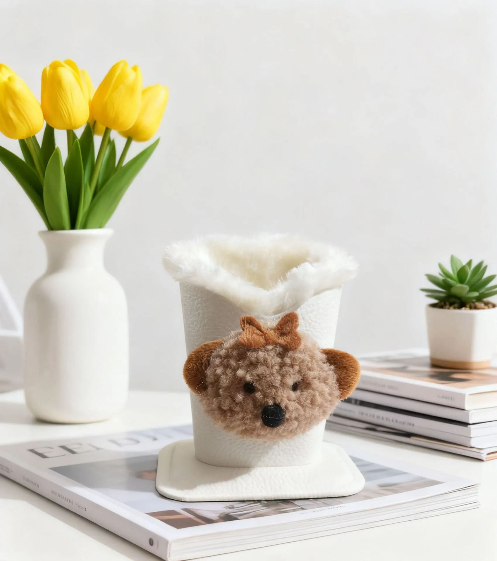 Nordic fluffy leather desktop glasses storage bucket 11.6x8.1x12cm cartoon animal