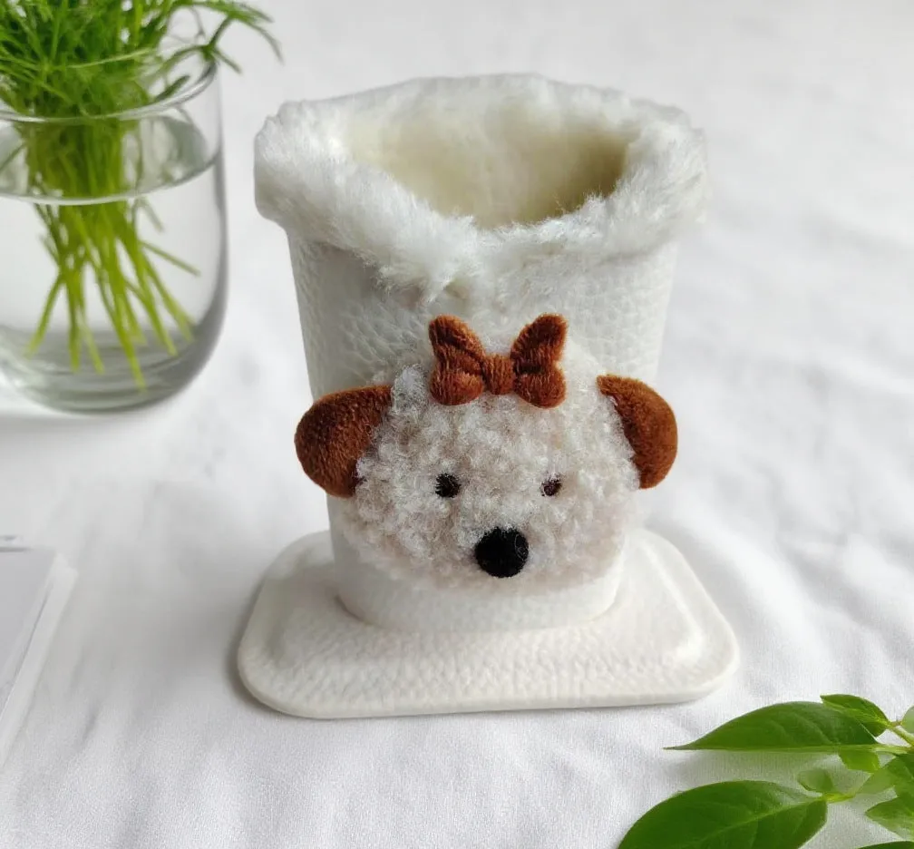 Nordic fluffy leather desktop glasses storage bucket 11.6x8.1x12cm cartoon animal
