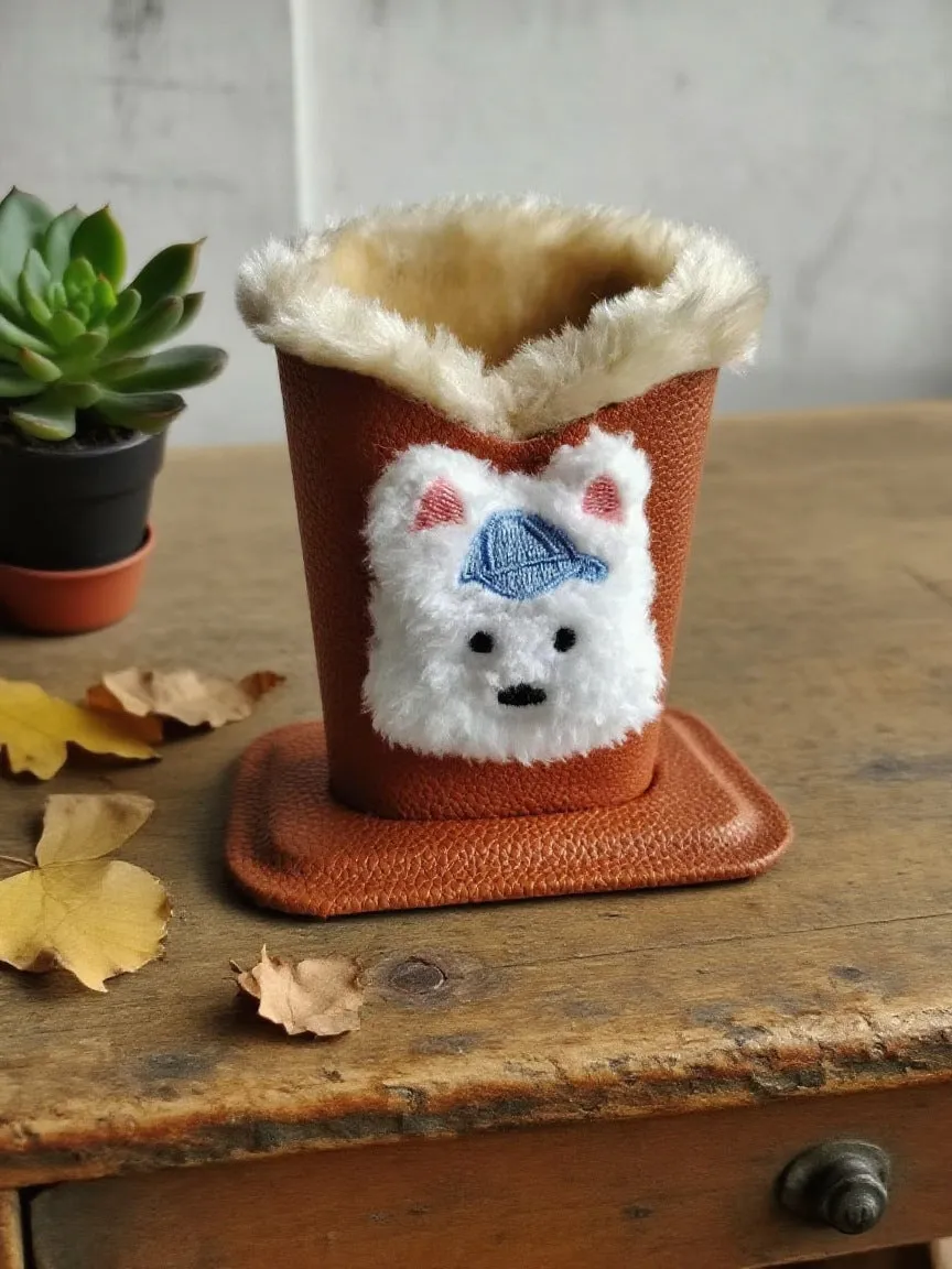 Nordic fluffy leather desktop glasses storage bucket 11.6x8.1x12cm cartoon animal