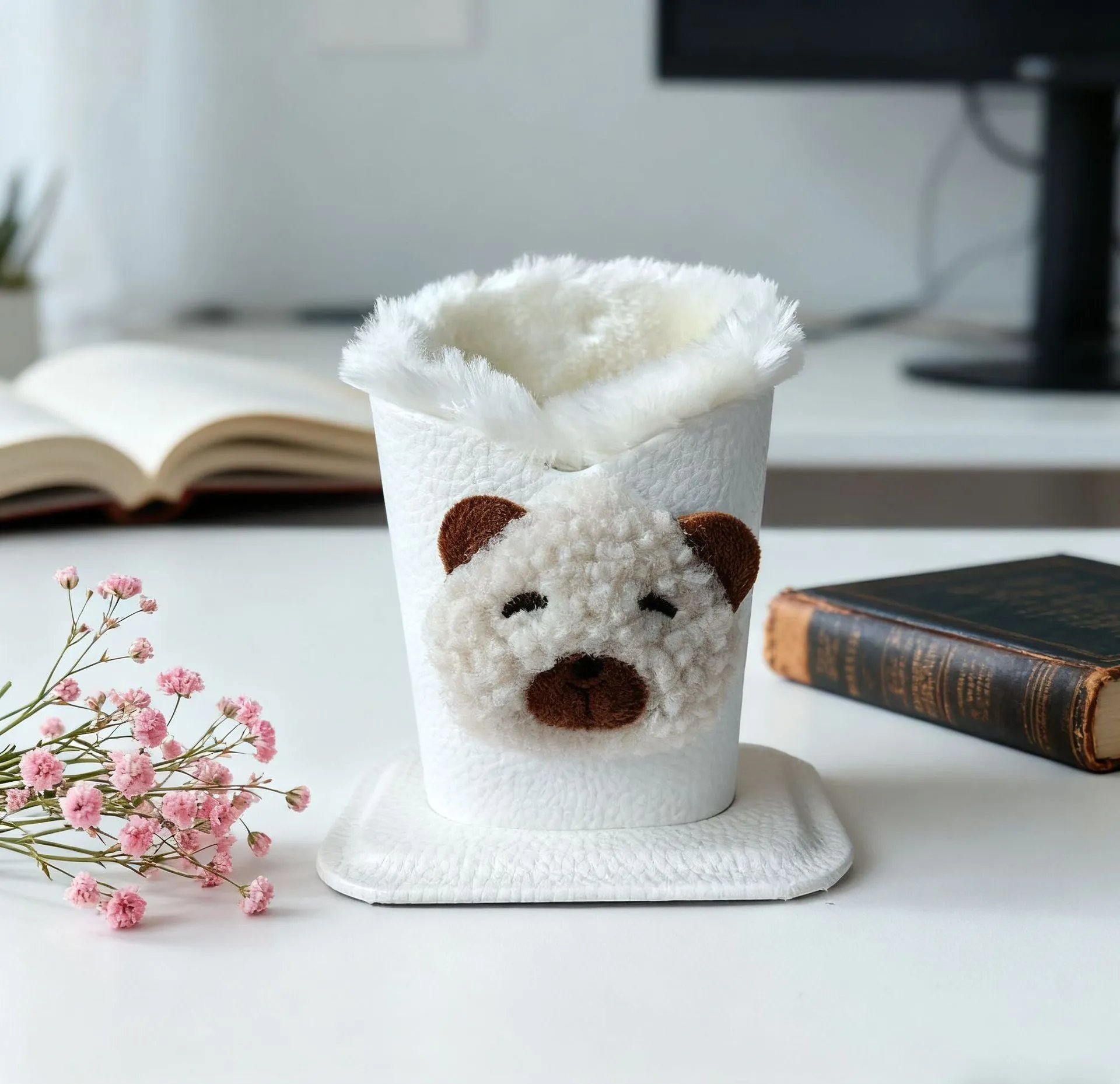 Nordic fluffy leather desktop glasses storage bucket 11.6x8.1x12cm cartoon animal