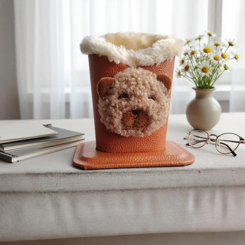 Nordic fluffy leather desktop glasses storage bucket 11.6x8.1x12cm cartoon animal