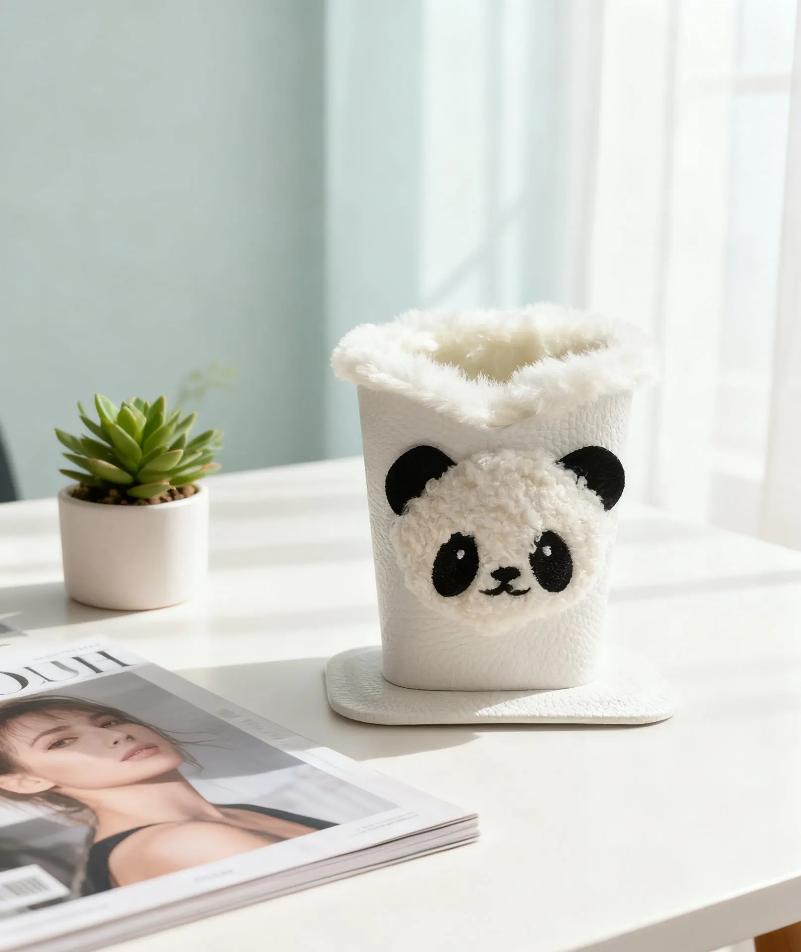 Nordic fluffy leather desktop glasses storage bucket 11.6x8.1x12cm cartoon animal