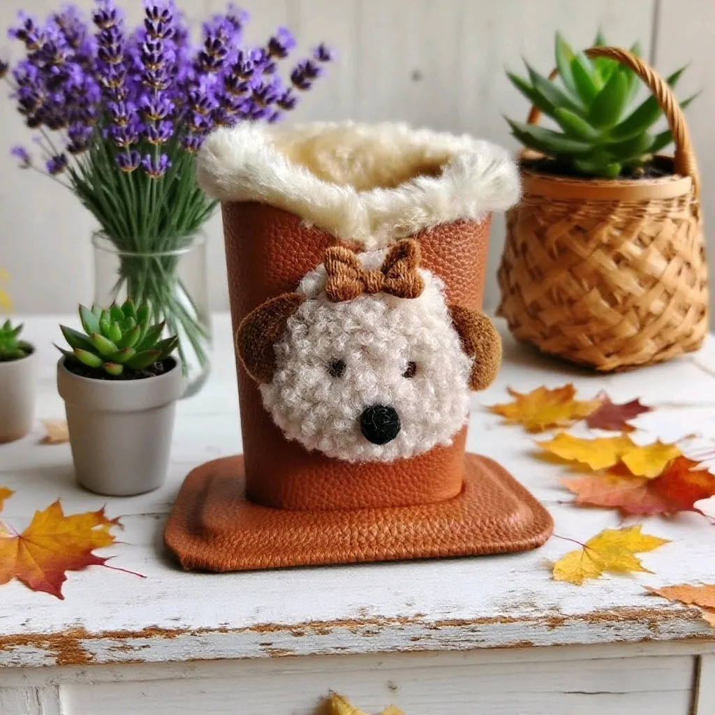 Nordic fluffy leather desktop glasses storage bucket 11.6x8.1x12cm cartoon animal