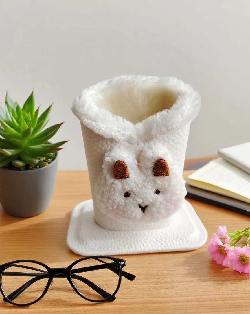 Nordic fluffy leather desktop glasses storage bucket 11.6x8.1x12cm cartoon animal