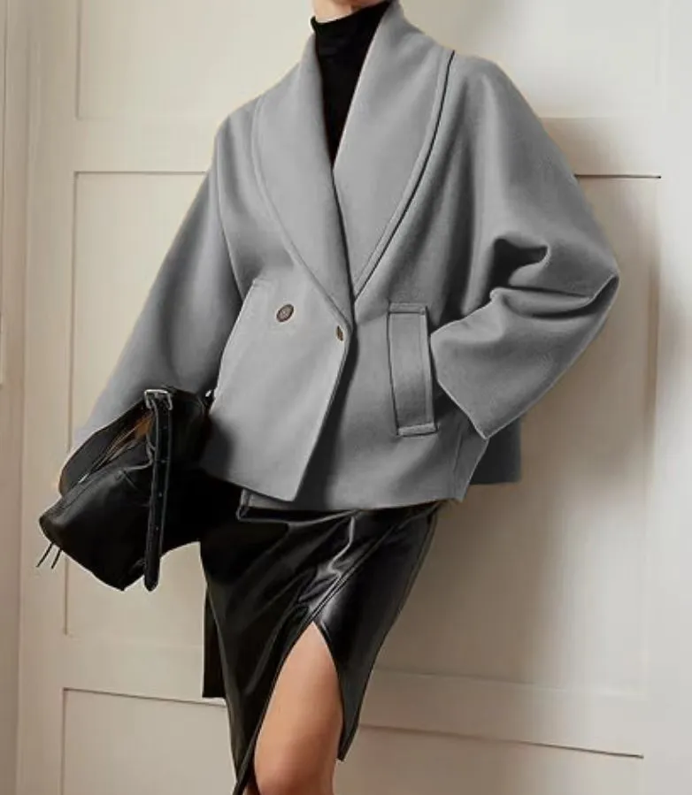 Double-breasted stand collar batwing sleeve solid colour polyester coat for petite, apricot, front view