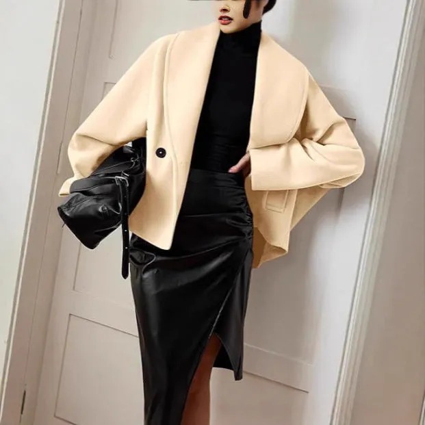 Double-breasted stand collar batwing sleeve solid colour polyester coat for petite, apricot, front view