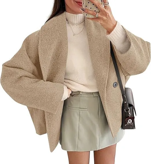 Double-breasted stand collar batwing sleeve solid colour polyester coat for petite, apricot, front view
